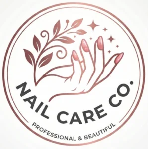 Circular logo for Nail Care Co. with a stylized hand, leaves, and stars; reads 'NAIL CARE CO.' and 'PROFESSIONAL & BEAUTIFUL'.