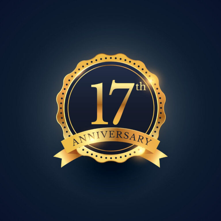 17th anniversary celebration badge label in golden color