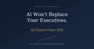 Hero header on a navy dotted background: 'AI Won't Replace Your Executives' with subtitle 'AI-Fluent Ones Will' and a small upward line graph; caption mentions a hiring playbook.