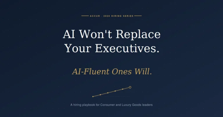 Hero header on a navy dotted background: 'AI Won't Replace Your Executives' with subtitle 'AI-Fluent Ones Will' and a small upward line graph; caption mentions a hiring playbook.